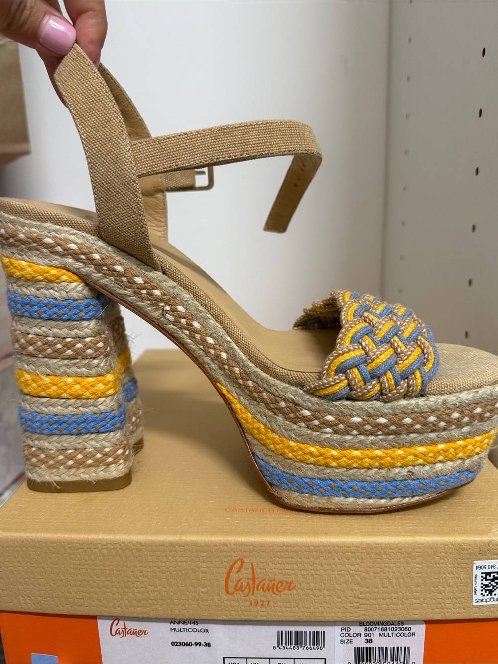 Castaner Tan Platform Sandal with Yellow & Blue Braided Accents